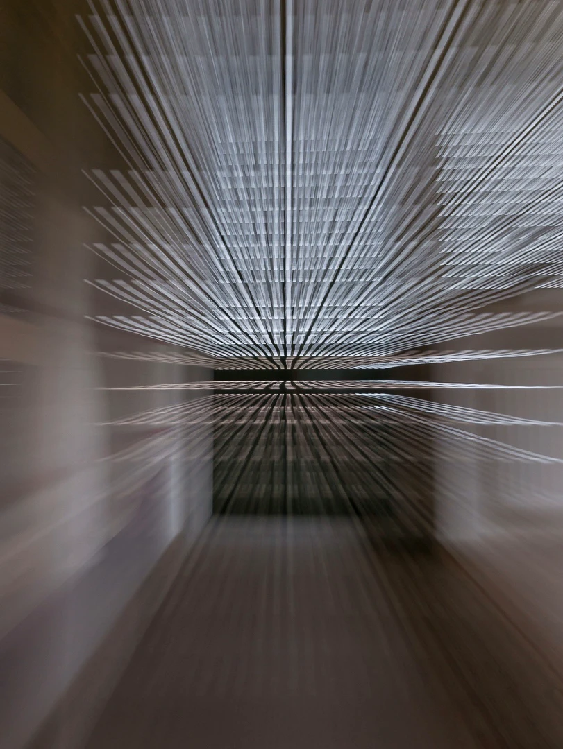 In einem Raum in Richtung Fenster, das mit einem Rollo nicht gabt abgedunkelt ist, fotografiert.
Während der Aufnahme gezielte Drehung/Bewegung des Objektivs/der Kamera, um einen Verwischeffekt zu erzeugen.
Hier lauf nun Strahlen auf einen Punkt in der Mitte zu.