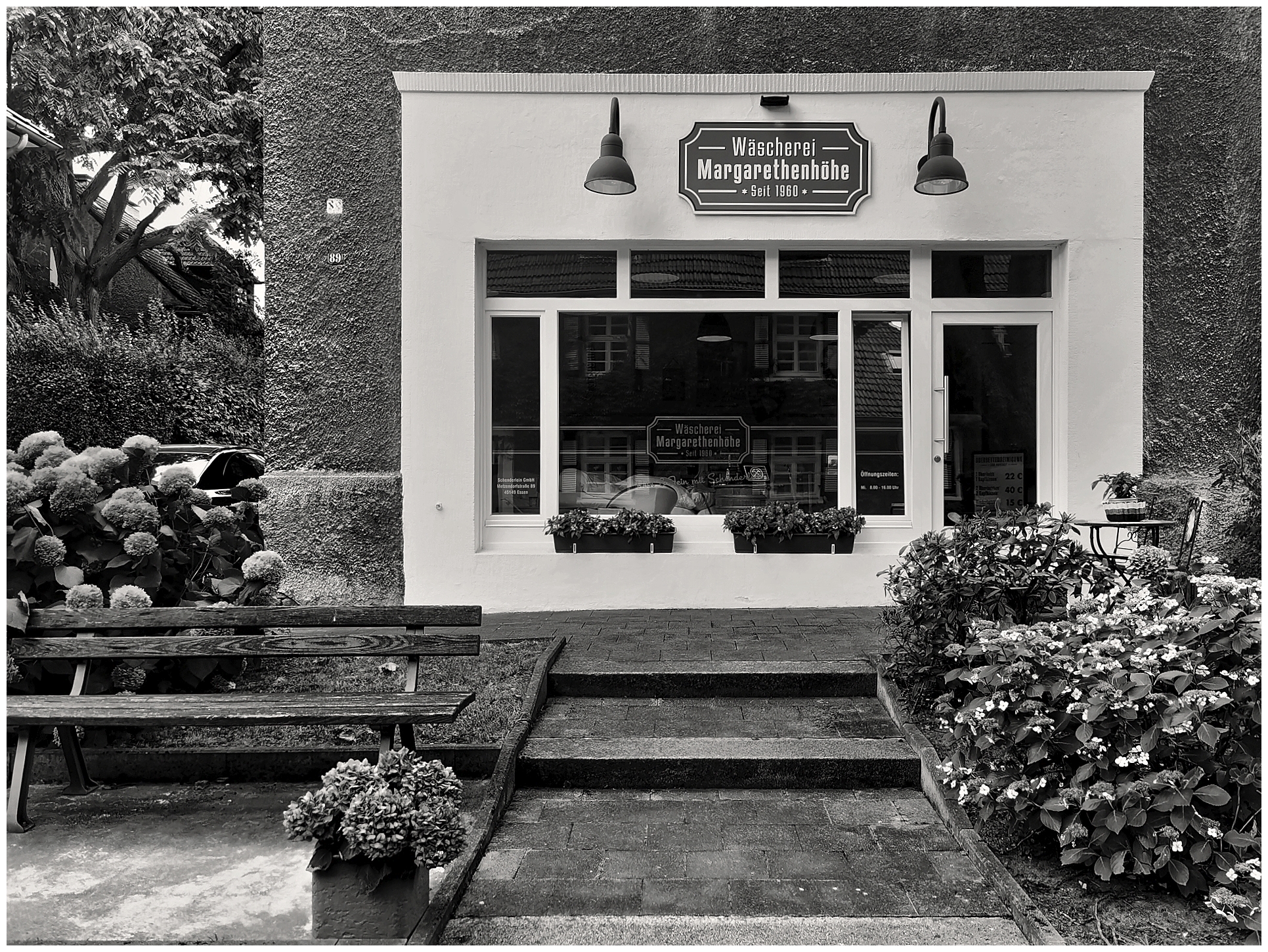 Schwarz-weißes Foto einer Gebäudefassade mit einem großen Fenster und einer Tür. Über dem Eingang hängt ein rechteckiges Schild mit der Aufschrift 'Wäscherei Margarethenhöhe – Seit 1960'. Vor dem Gebäude stehen Blumenkästen auf dem Fensterbrett und ein bepflanztes Beet. Links im Vordergrund befindet sich eine Holzbank, umgeben von weiteren Pflanzen. Zwei Lampen sind oberhalb des Schilds angebracht.