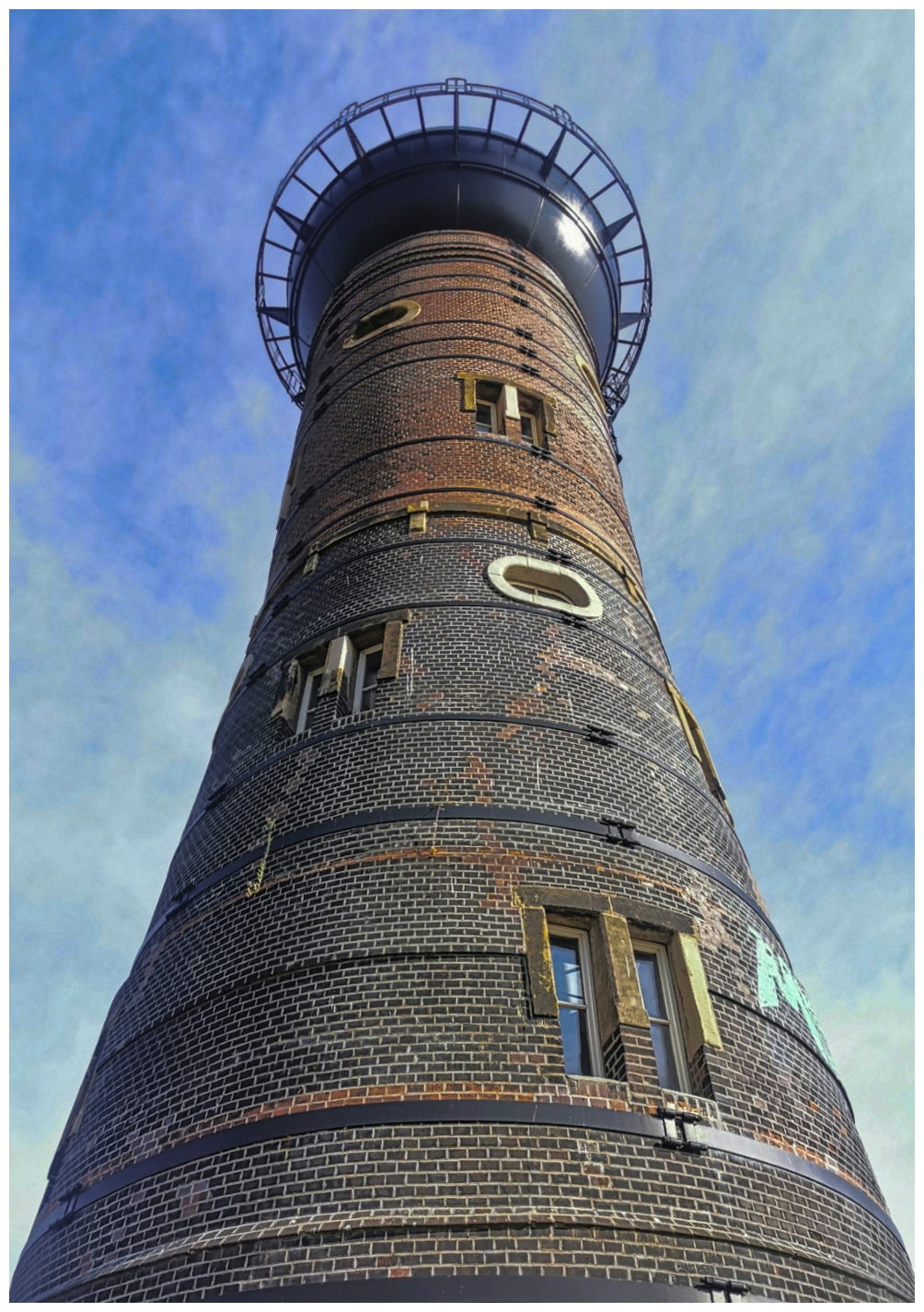 Wasserturm aus Backstein in zylindrischer Form, der sich nach oben leicht verjüngt. Die Fassade zeigt verschiedene Farbtöne von Rot- und Dunkelbraun, teils mit abgeplatzten Ziegeln und sichtbaren Ausbesserungen. Mehrere kleine Fenster und eingelassene Öffnungen sind unregelmäßig verteilt. Im oberen Bereich verläuft ein umlaufender Metallbalkon mit Gitterstruktur um den kugelförmigen Wasserbehälter. Die Perspektive ist stark von unten nach oben gewählt, sodass der Turm monumental wirkt. Der Himmel ist leicht bewölkt.