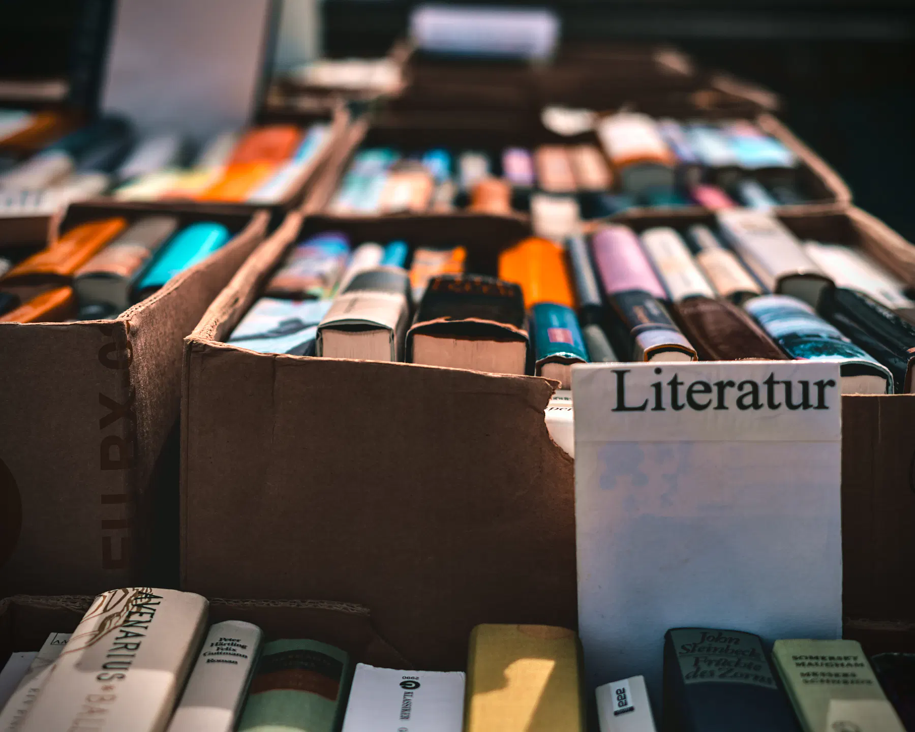 Mehre Kartons mit Büchern ziehen sich durch das Bild nach hinten. Ganz vorne steht ein weißes Schild an einem der Kartons mit der Aufschrift "Literatur". 
Aufnahme von einem Flohmarkt.