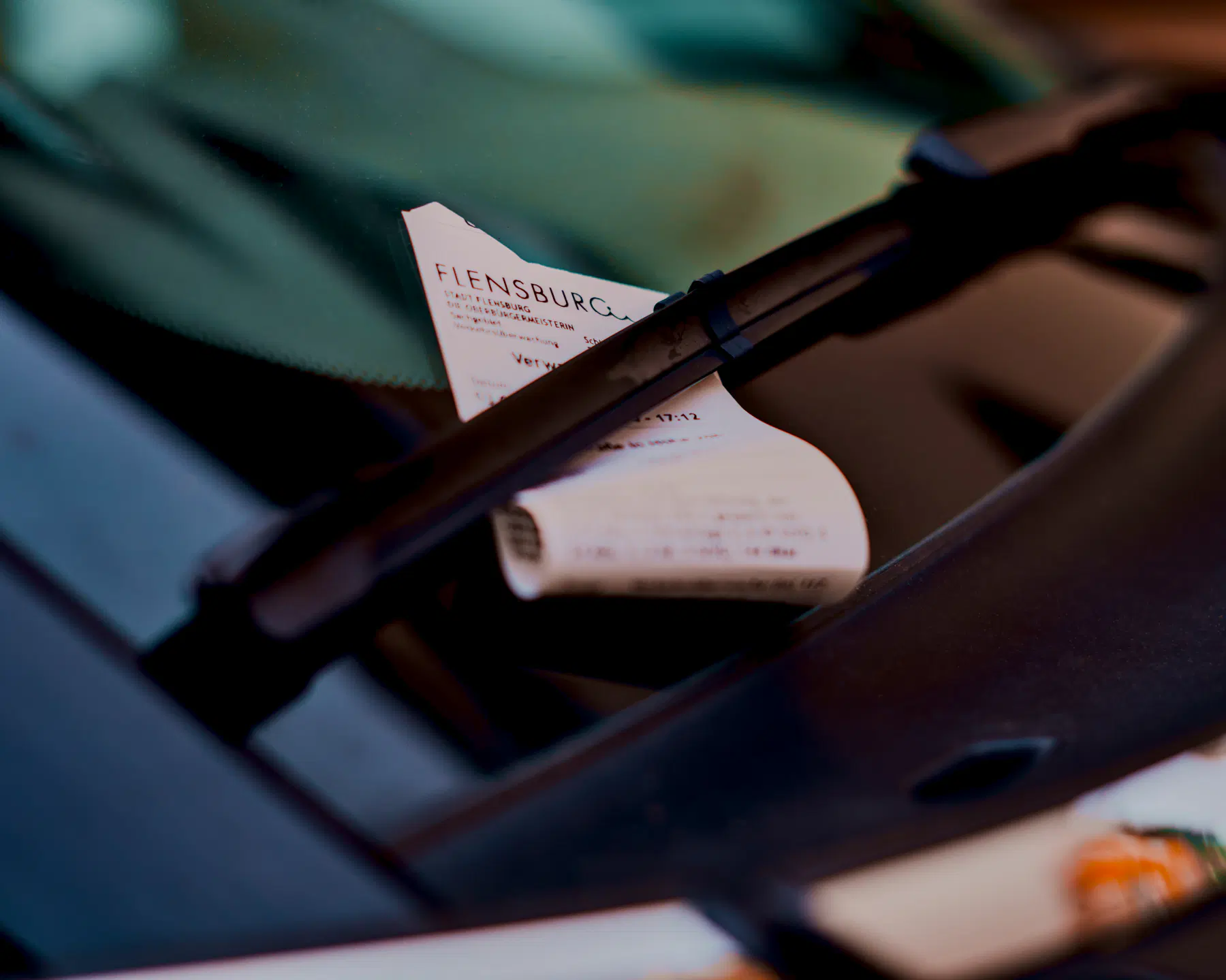 Nahaufnahme einer Windschutzscheibe eines geparkten Autos. Unter dem Scheibenwischer klemmt ein Ticket der Stadt Flensburg wegen falschen Parkens.